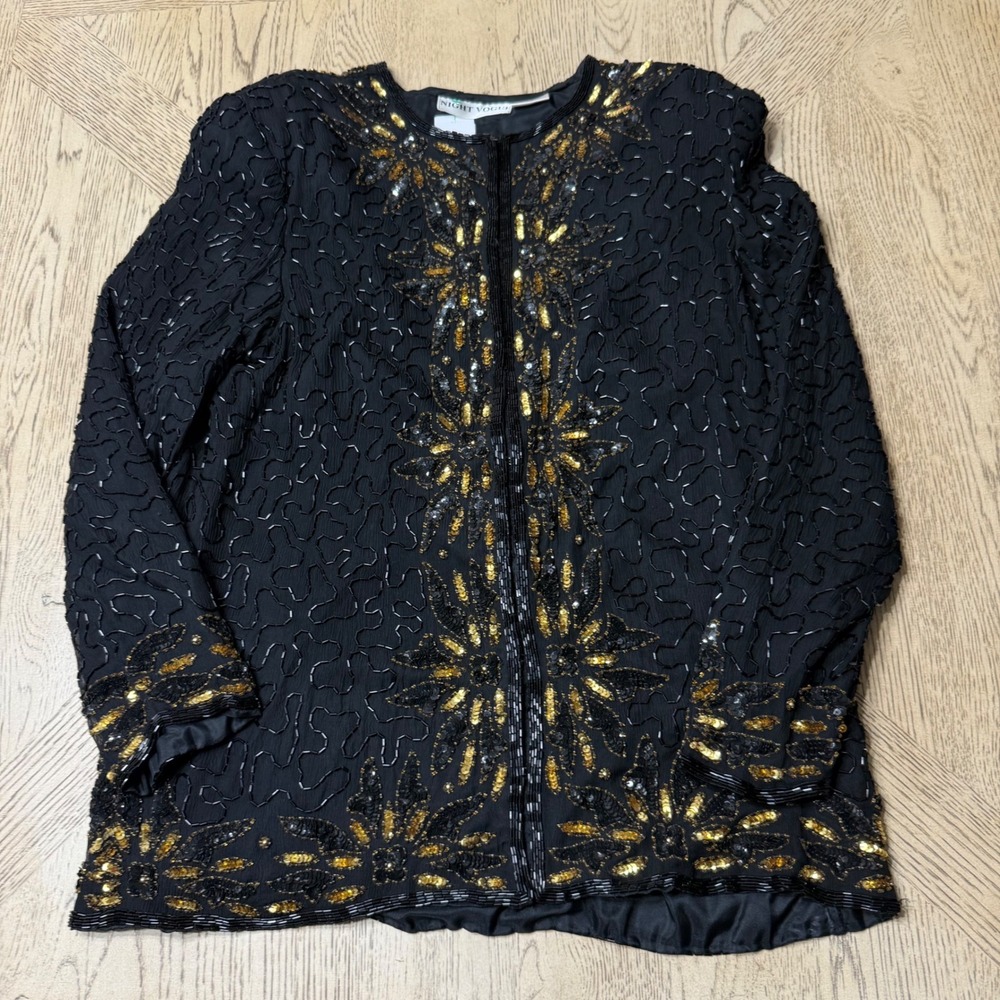 Night Vogue Women's Medium Black Gold Beaded Sequin Embellished Evening Jacket‎